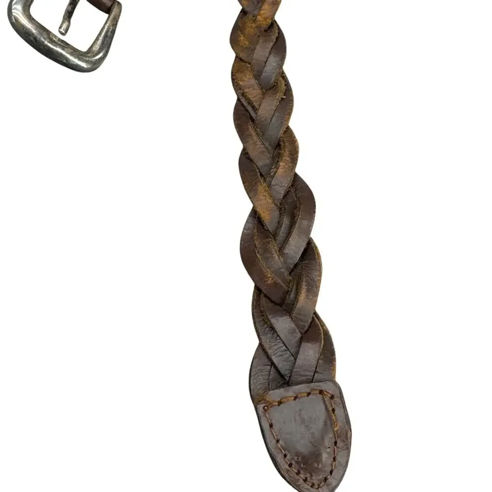 Vintage Distressed Patina Braided Leather Western Silver Buckle 1